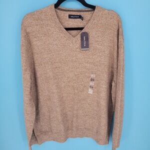 Nautica V-Neck Sweater Mens XL Brown Marl Cotton Long Sleeve Pullover New NWT